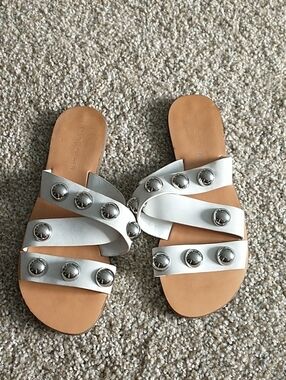 Marc Fisher White Stud-Embellished Leather Slide Sandals